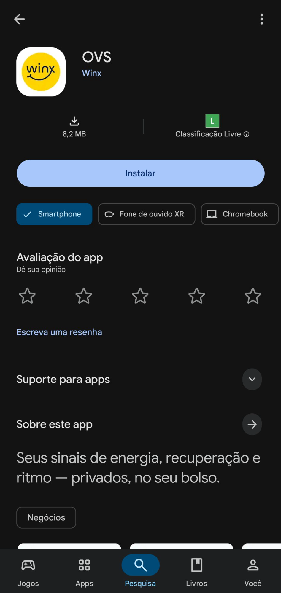 Página do app OVS na Google Play, pronta para instalar.