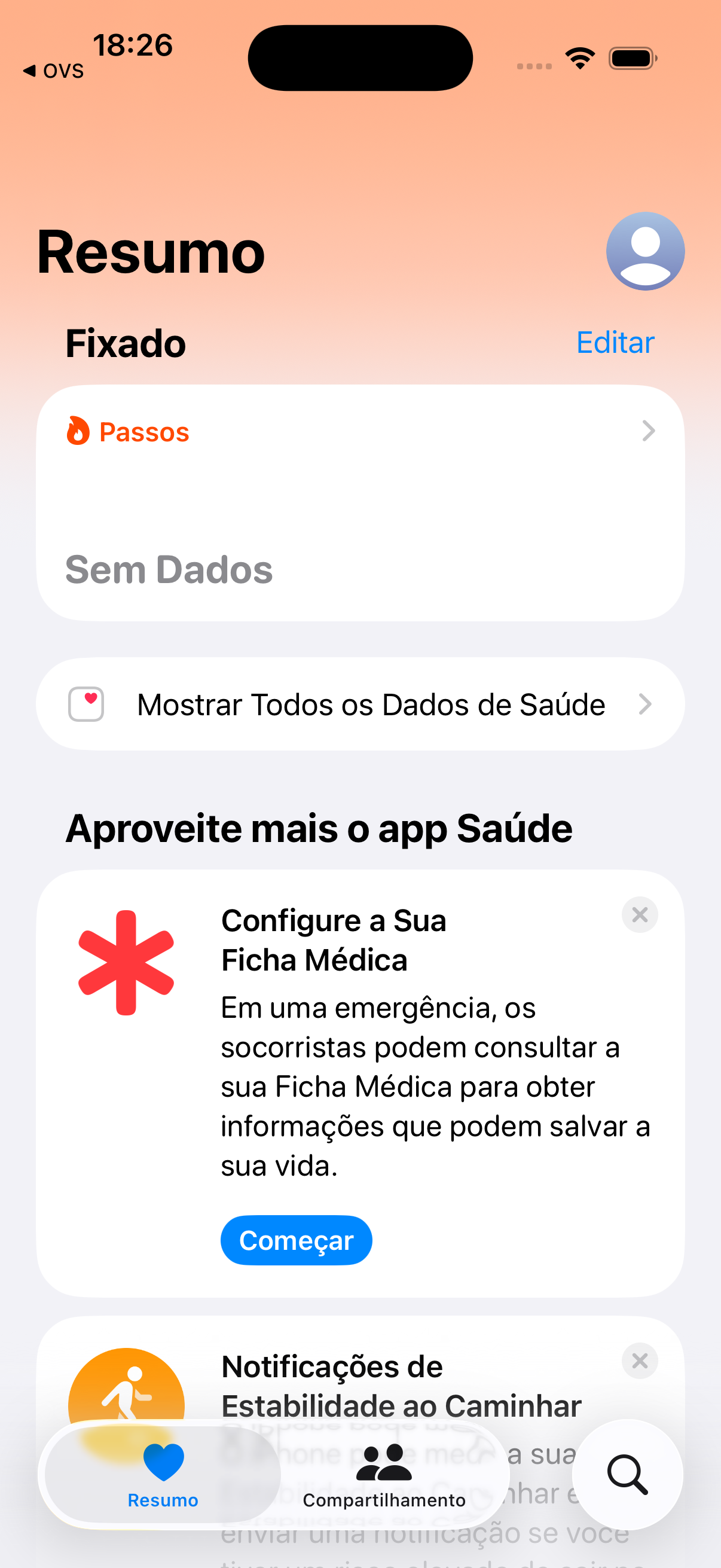 Tela inicial do app Saúde no iPhone, com o resumo dos dados do aparelho.