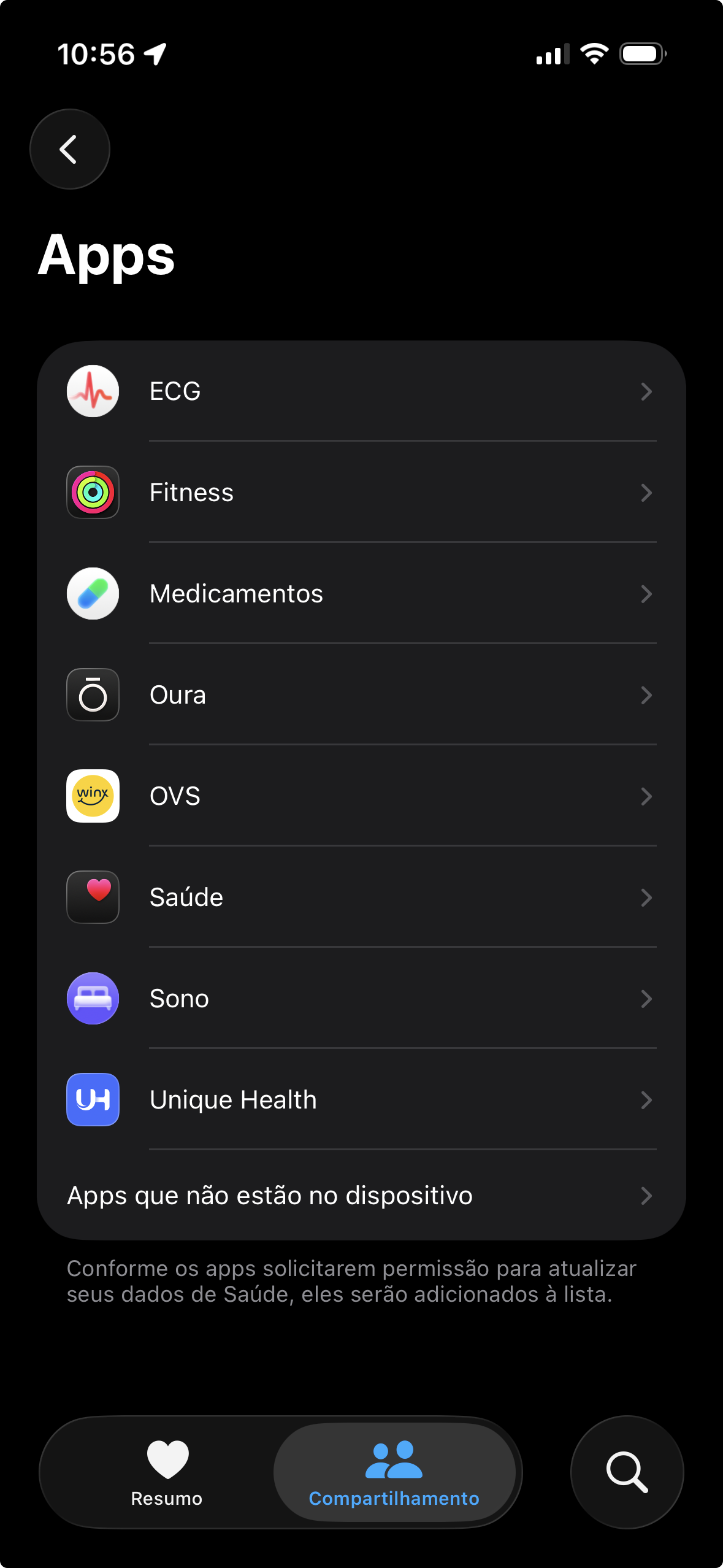 Lista de apps e dispositivos que gravam dados no app Saúde do iPhone.
