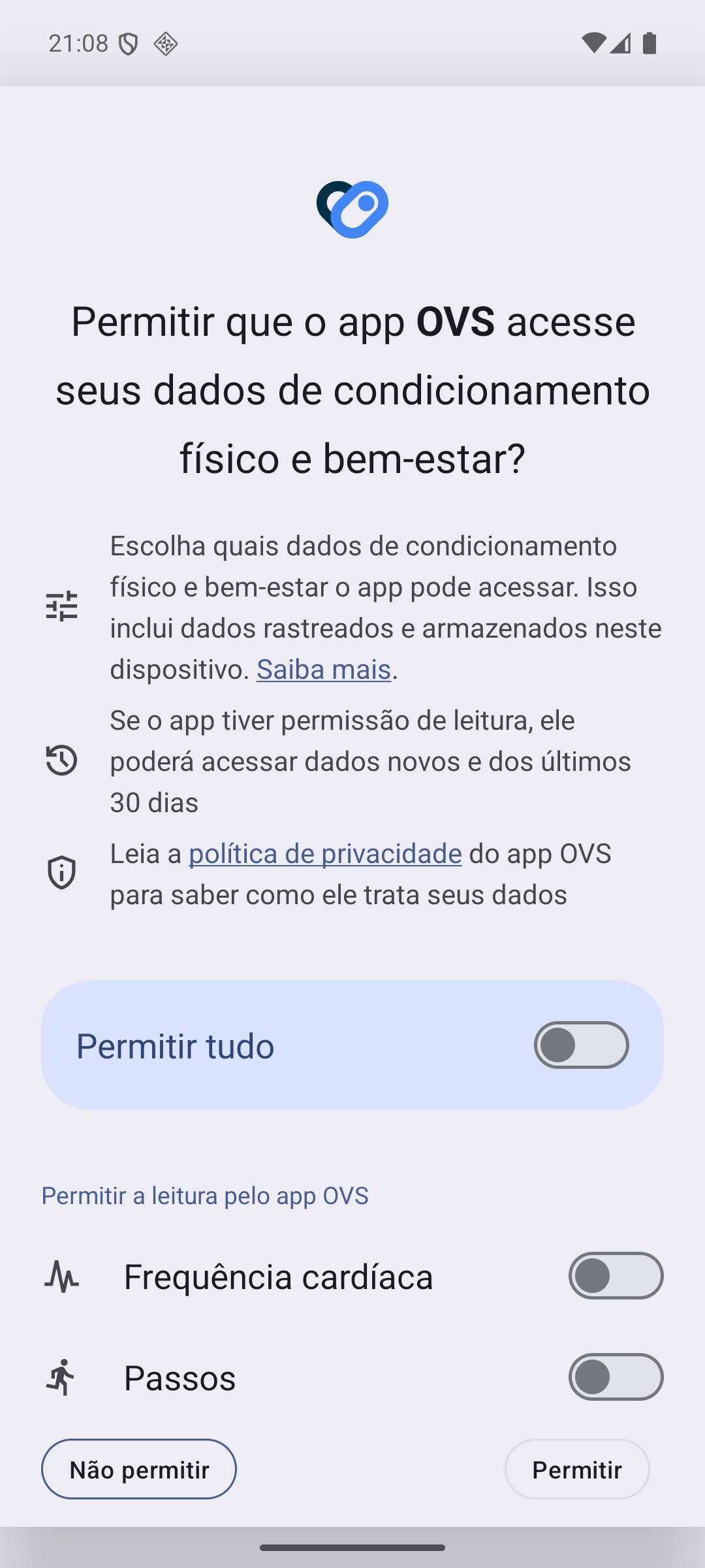 Pedido de autorização de leitura de saúde exibido pelo app OVS no Android.