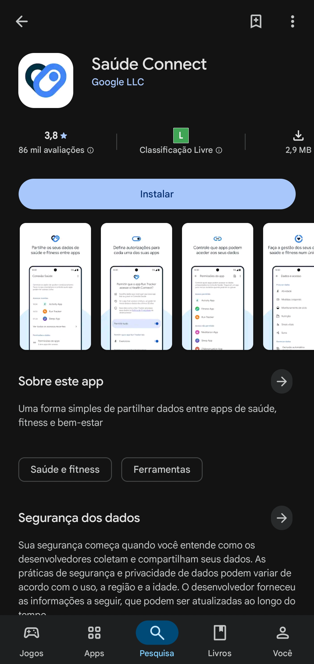 Página do Health Connect (Saúde Connect) na Google Play, pronta para instalar ou atualizar.