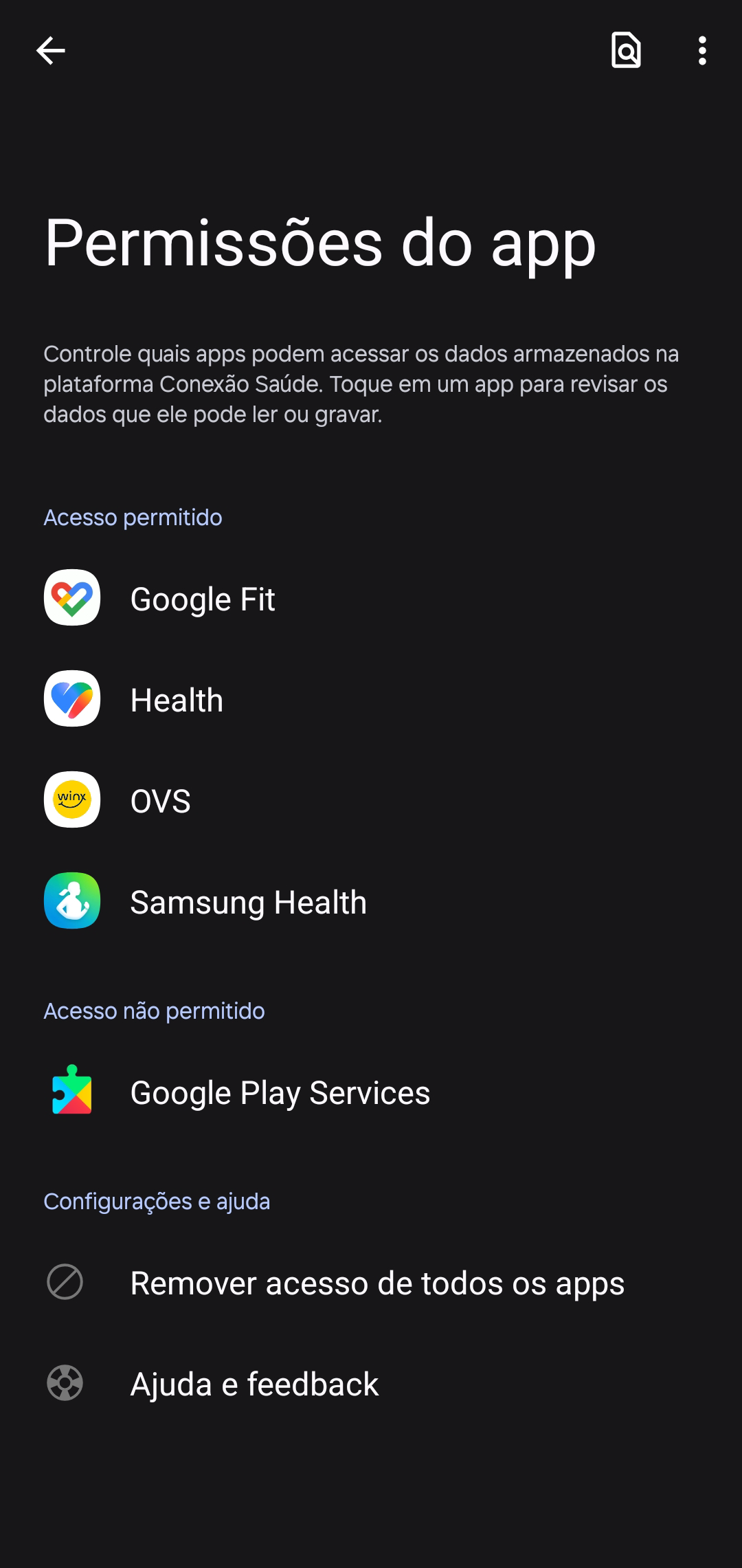 Lista de fontes de dados registradas no Health Connect, no Android.