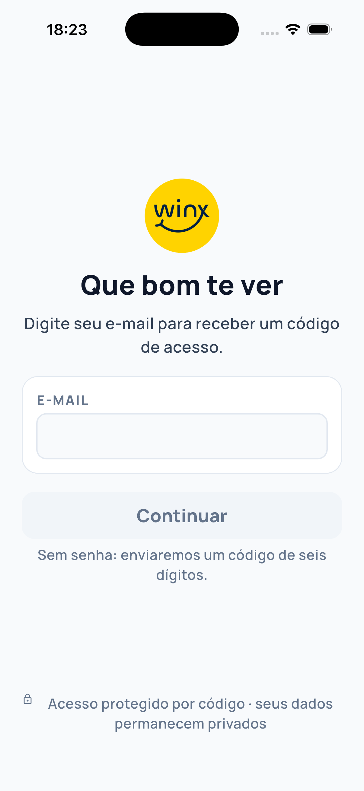 Tela de entrada do app OVS, com o campo de e-mail.