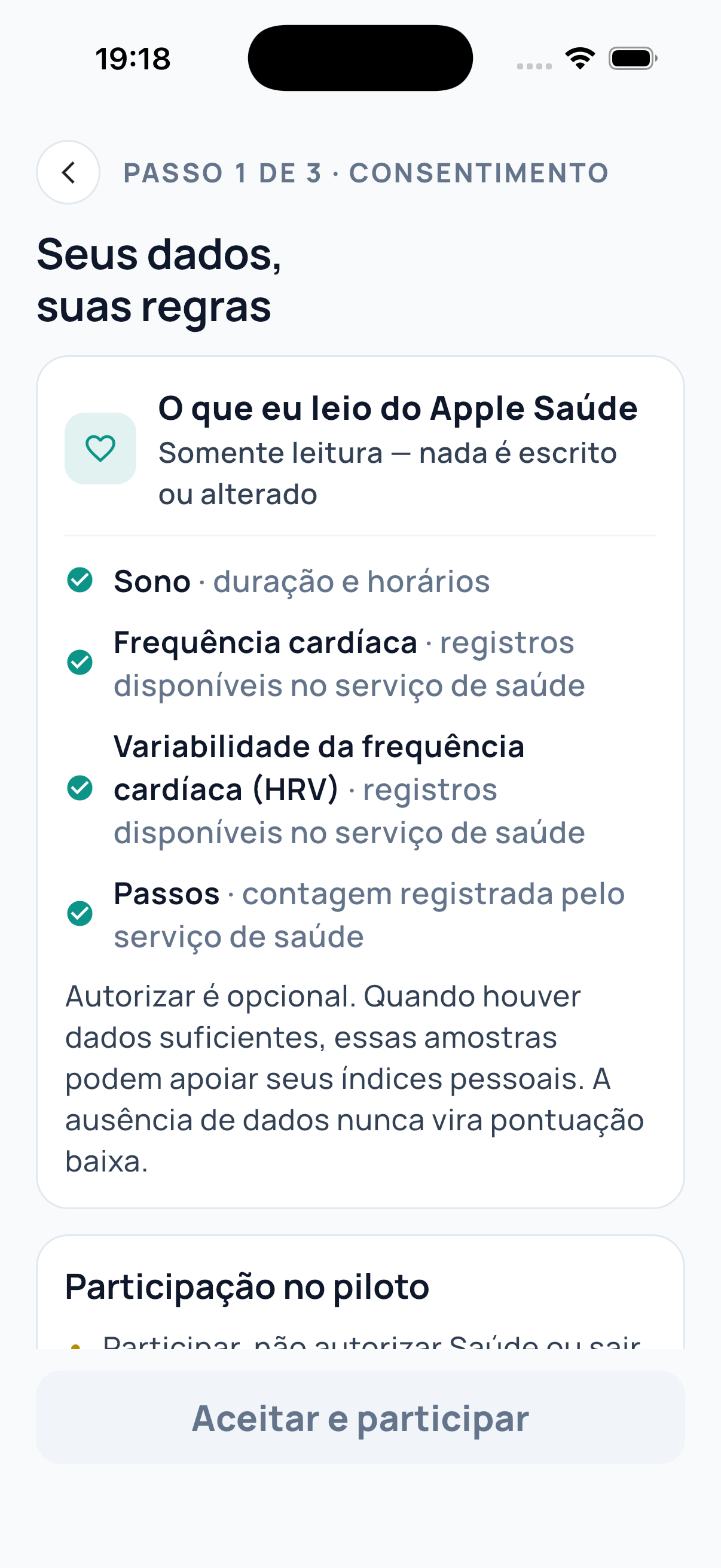 Tela de consentimentos do app OVS, com cada consentimento apresentado separadamente.
