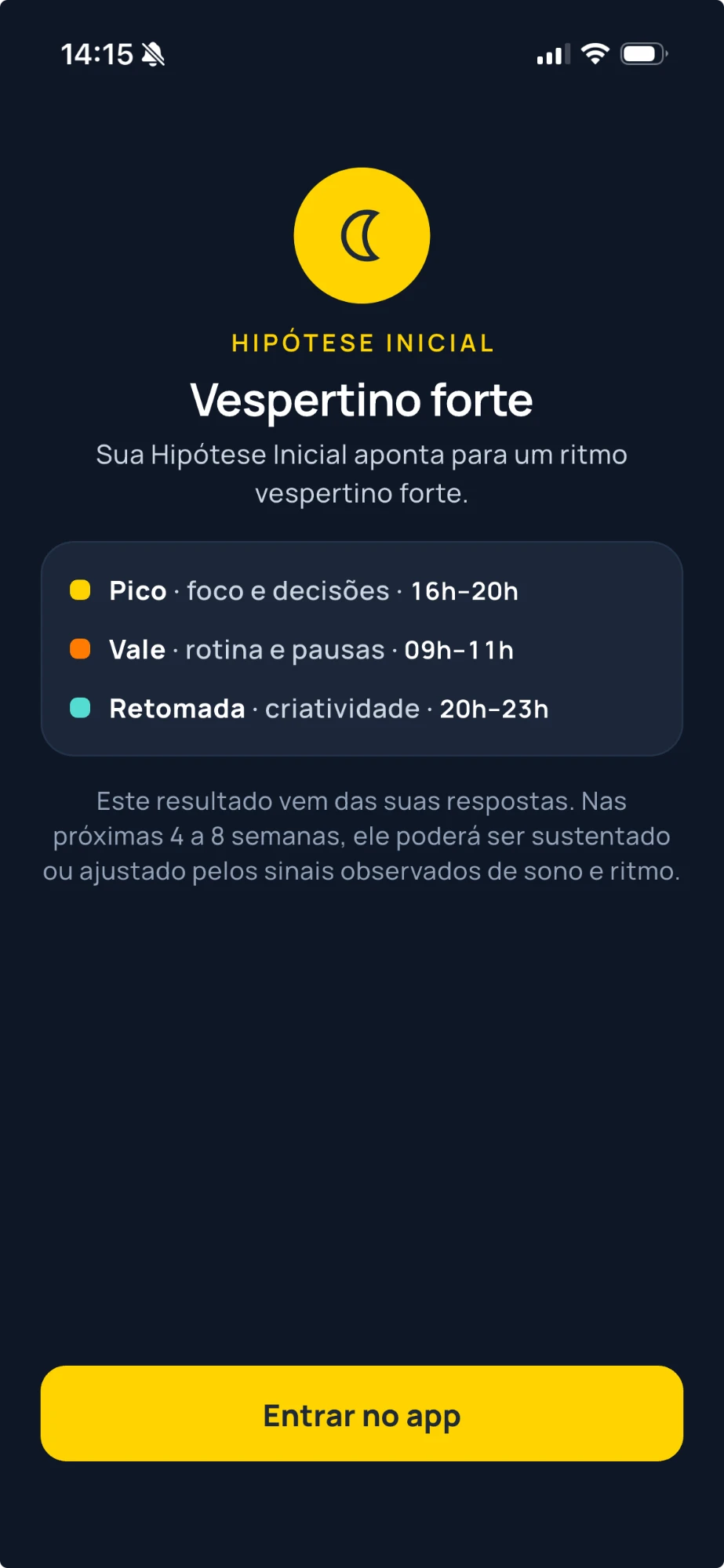 Resultado do Cronotipo no app OVS: a Hipótese Inicial, com os horários de pico, vale e retomada do dia.