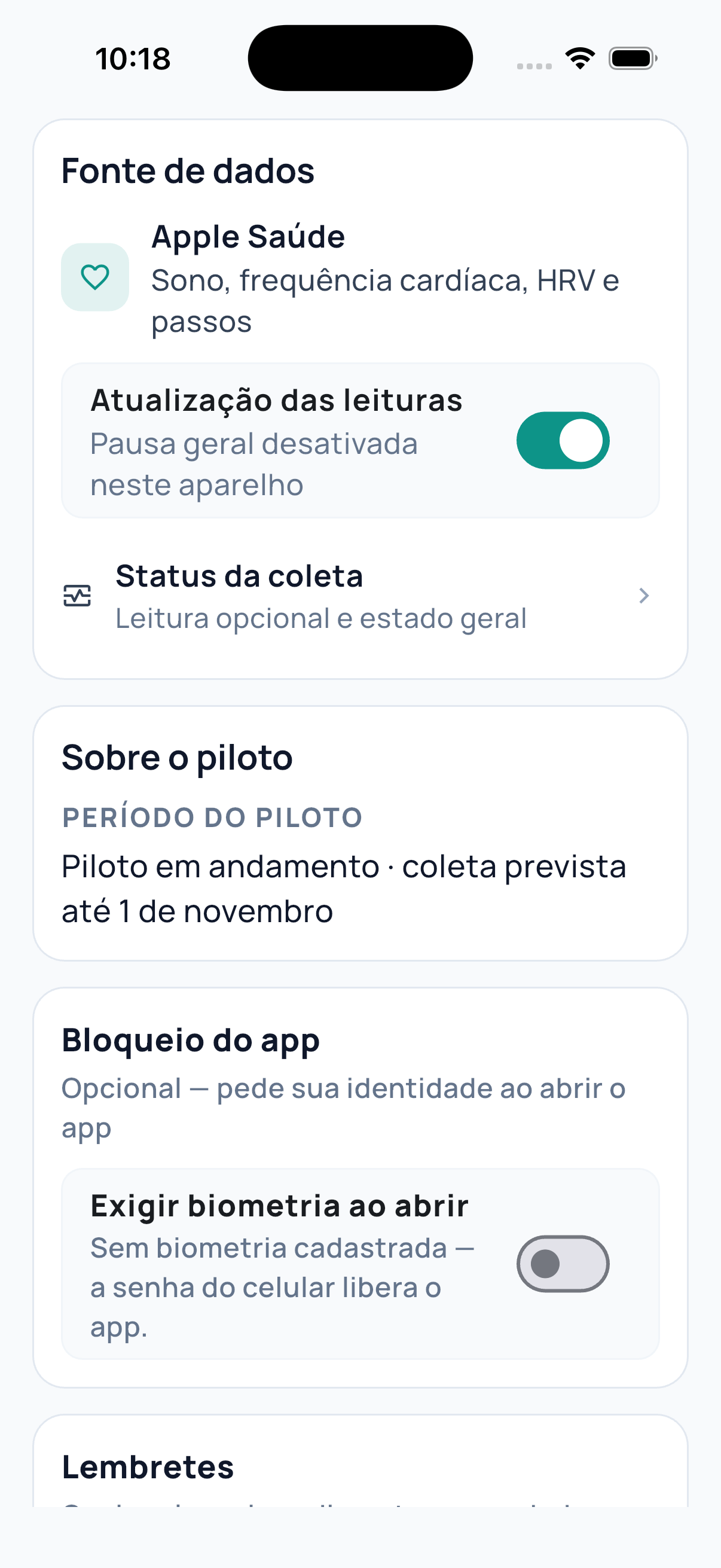 Card “Fonte de dados” no Perfil do app OVS, em iPhone, com o botão “Atualização das leituras” ligado.