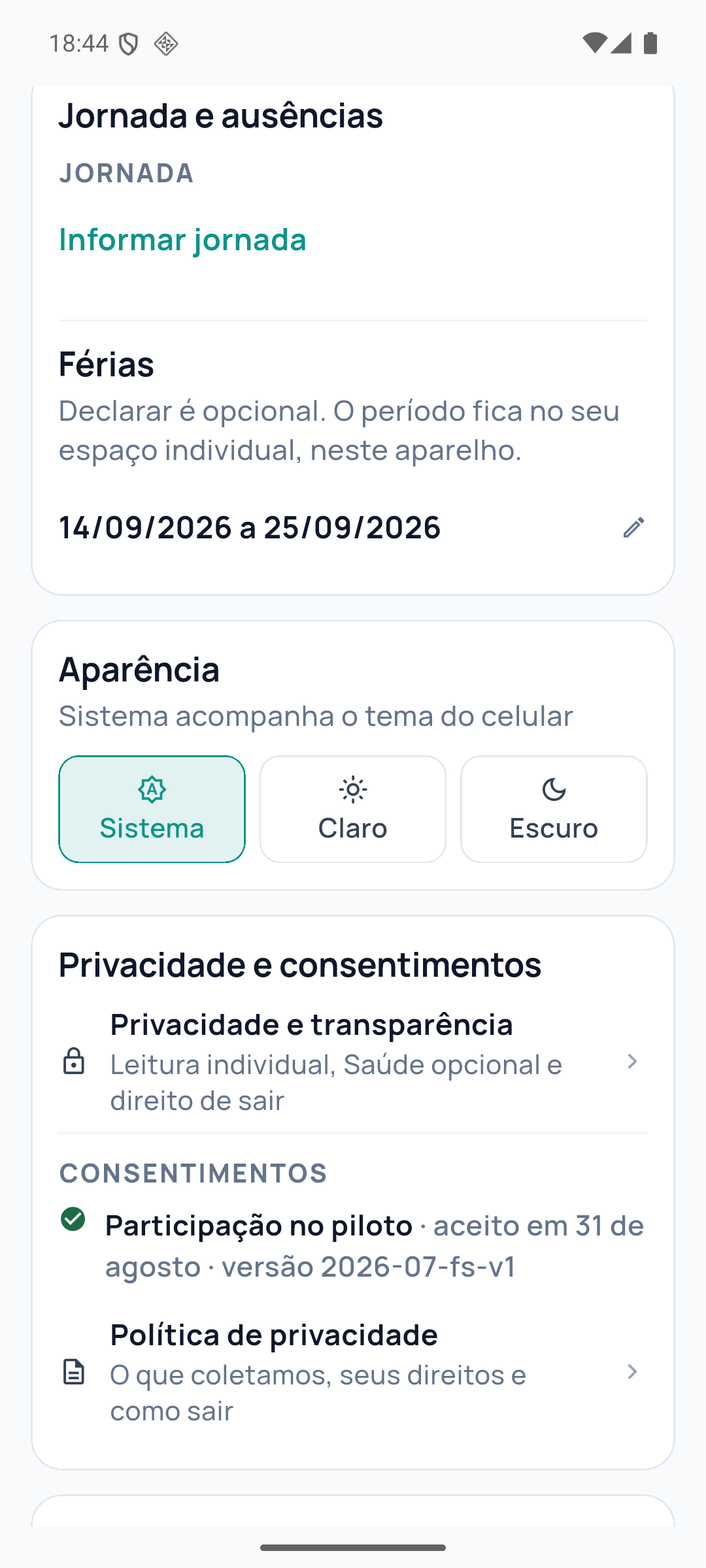 Card “Jornada e ausências” no Perfil do app OVS, em Android, com um período de férias informado.
